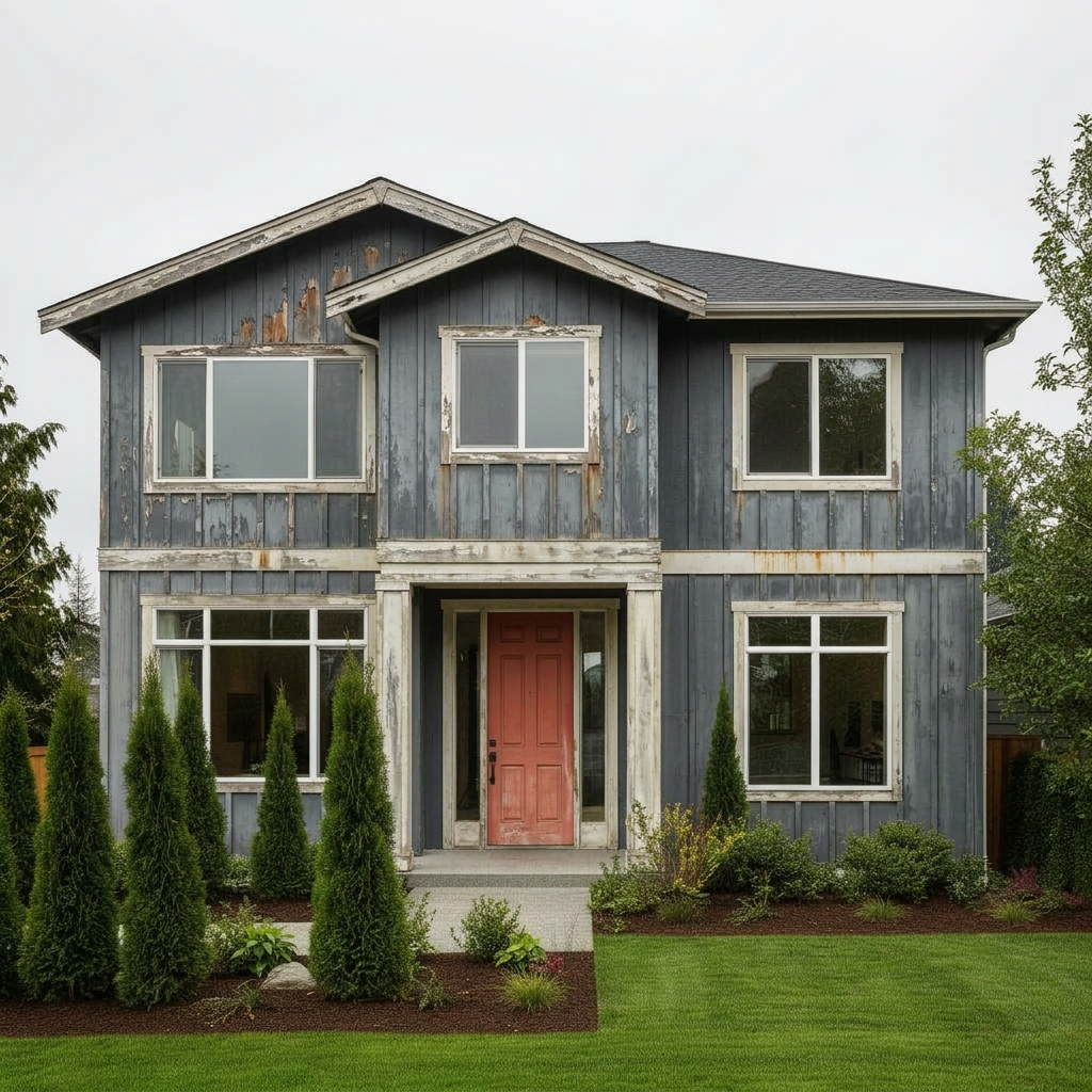 Modern Pacific Northwest home in Seattle with worn, faded exterior paint before service
